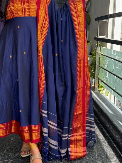 Navy Blue Narayanpet Anarkali with Zari Border 2-Piece Set
