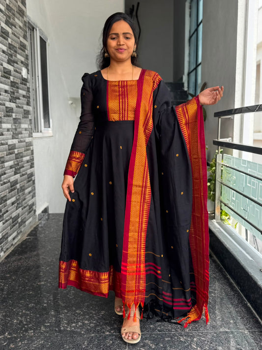 Black Narayanpet Anarkali with Zari Border 2-Piece Set