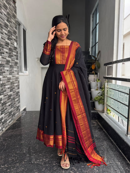 Black Narayanpet Anarkali with Zari Border 2-Piece Set