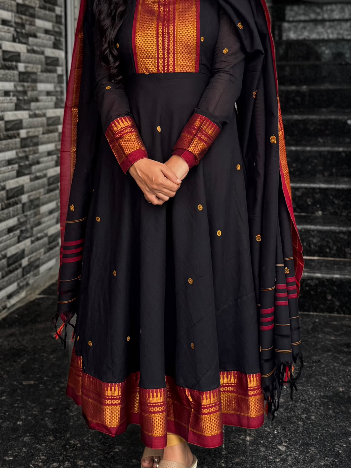 Black Narayanpet Anarkali with Zari Border 2-Piece Set