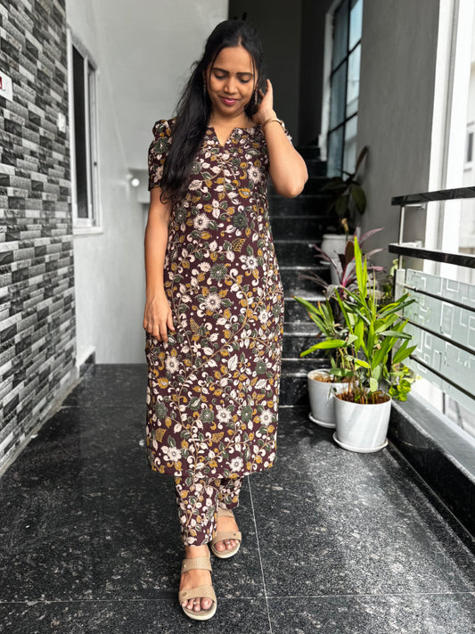 Brown Kalamkari Screen Print Cotton Co-ord Set