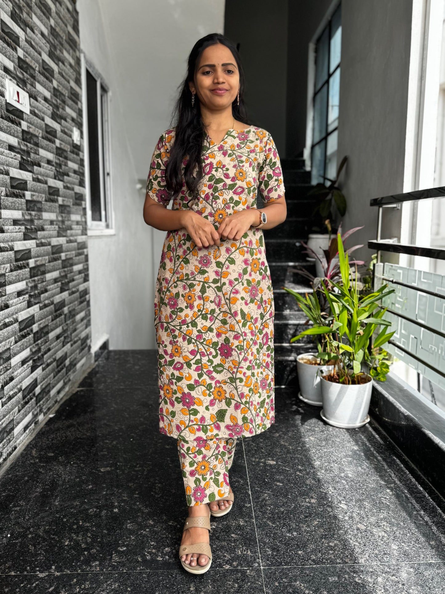 Cream Kalamkari Screen Print Cotton Co-ord Set