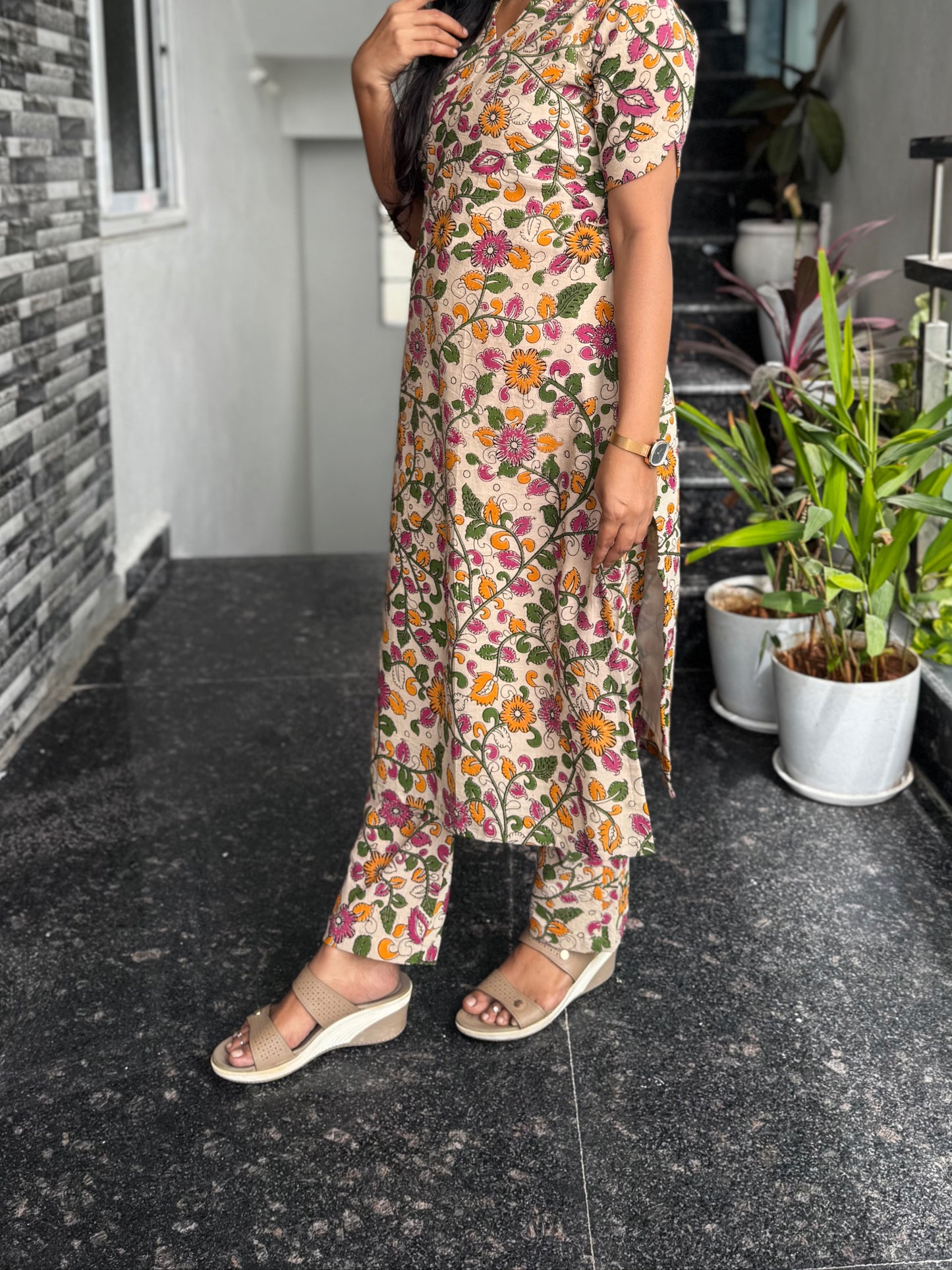 Cream Kalamkari Screen Print Cotton Co-ord Set
