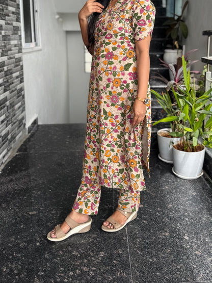 Cream Kalamkari Screen Print Cotton Co-ord Set