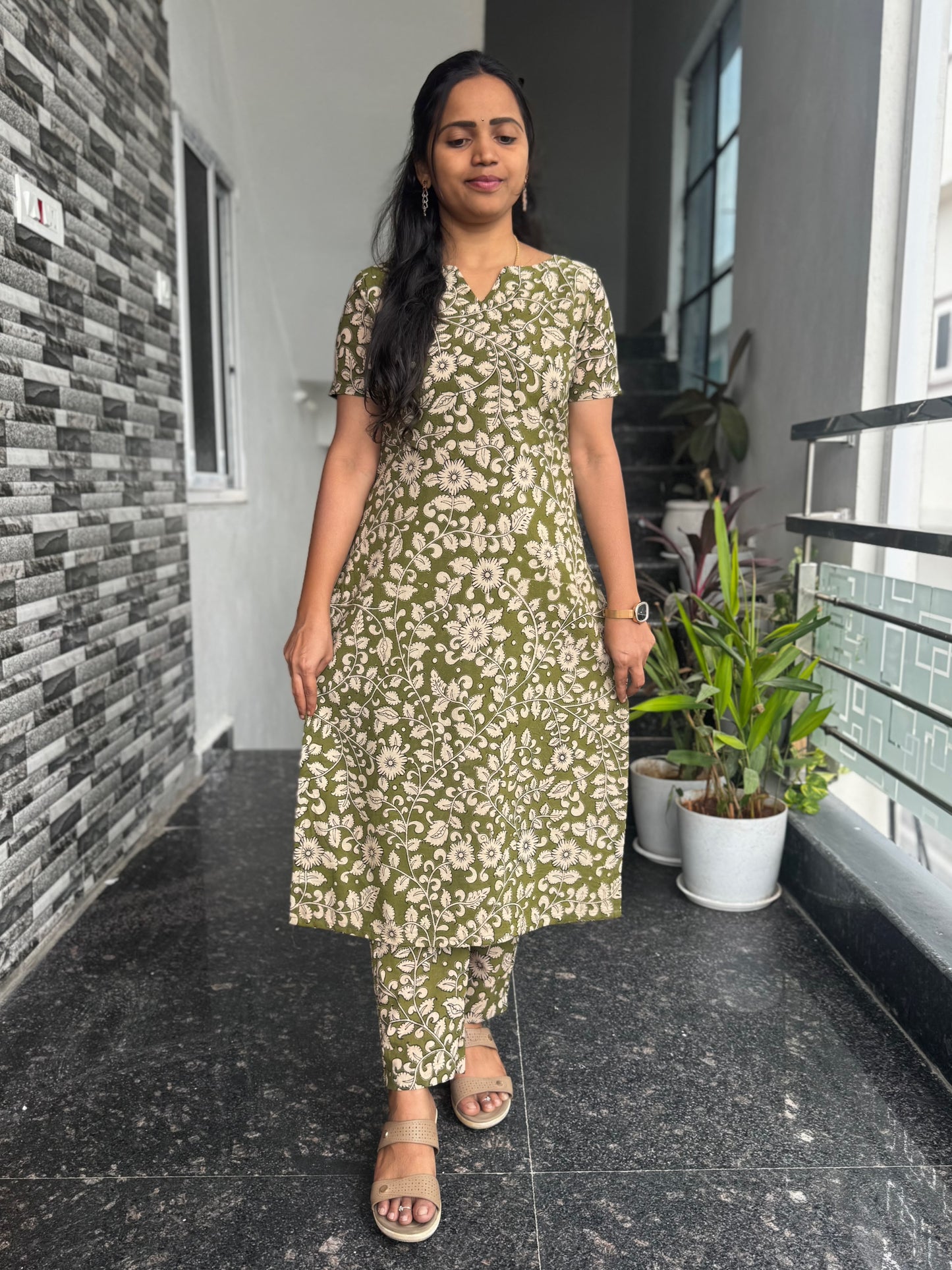 Olive Green Kalamkari Screen Print Cotton Co-ord Set