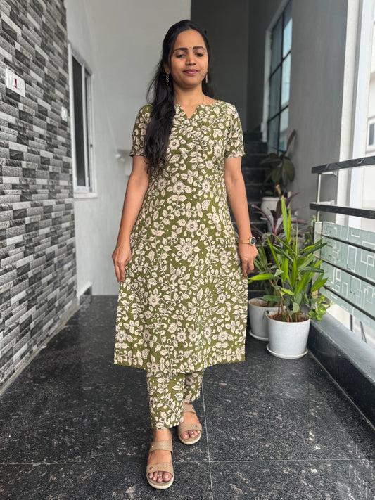 Olive Green Kalamkari Screen Print Cotton Co-ord Set