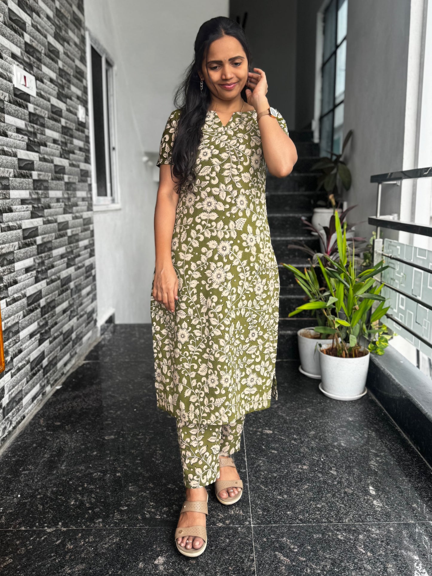 Olive Green Kalamkari Screen Print Cotton Co-ord Set