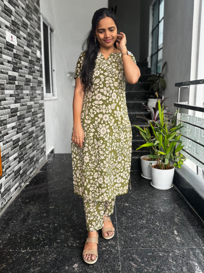 Olive Green Kalamkari Screen Print Cotton Co-ord Set