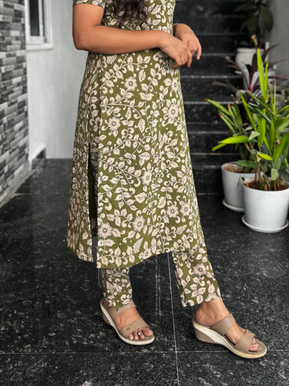 Olive Green Kalamkari Screen Print Cotton Co-ord Set