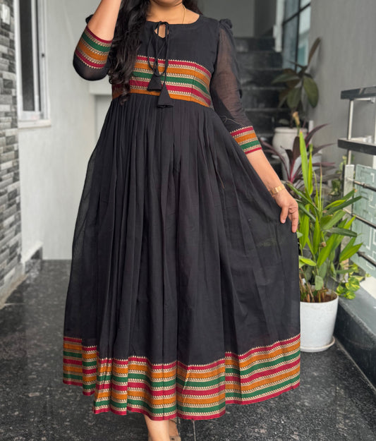 Black Narayanpet Frock with Multicolour Border