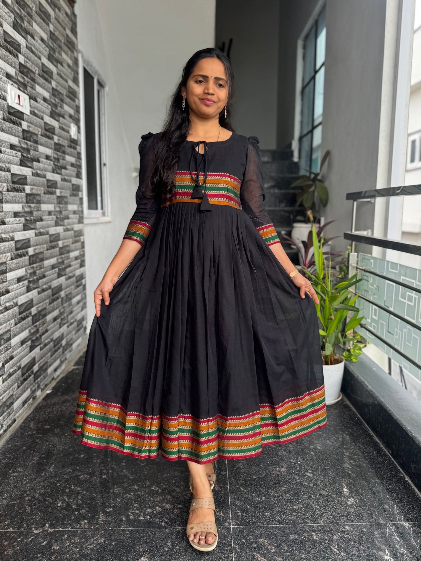 Black Narayanpet Frock with Multicolour Border