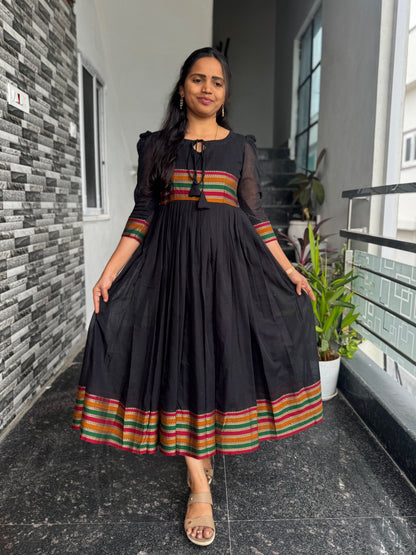 Black Narayanpet Frock with Multicolour Border
