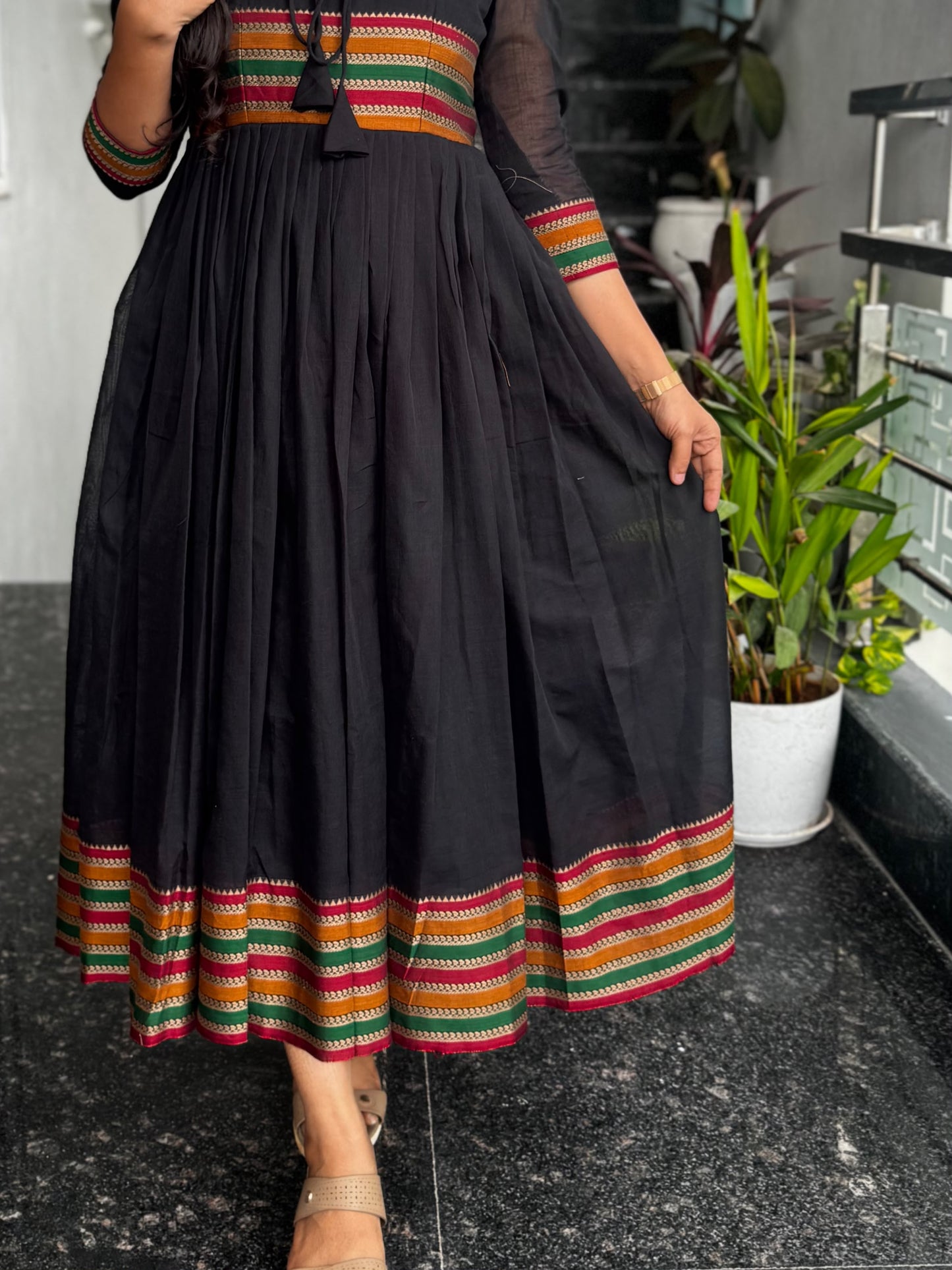 Black Narayanpet Frock with Multicolour Border