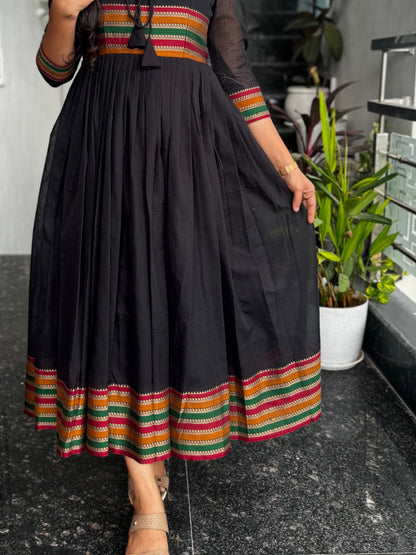 Black Narayanpet Frock with Multicolour Border