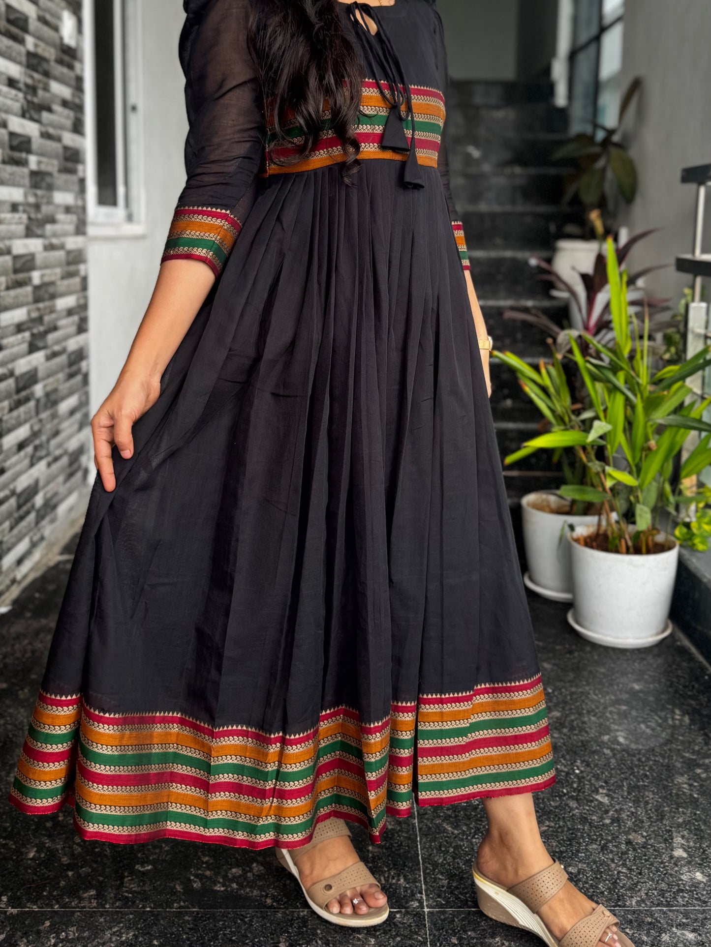 Black Narayanpet Frock with Multicolour Border