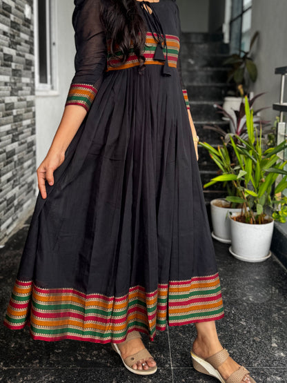 Black Narayanpet Frock with Multicolour Border