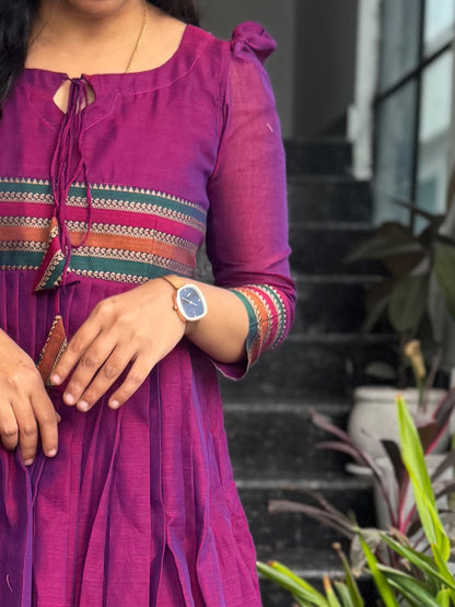 Magenta Narayanpet Frock with Multicolour Border