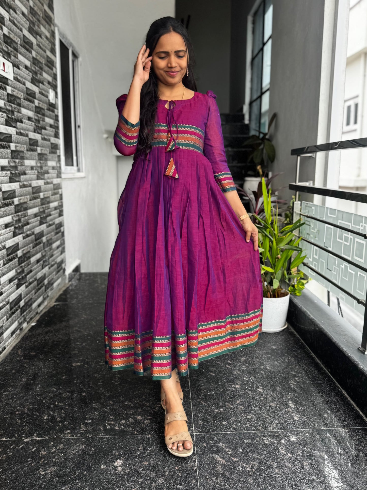 Magenta Narayanpet Frock with Multicolour Border