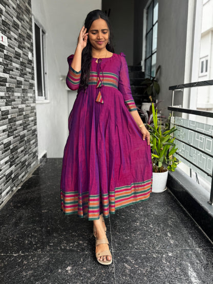 Magenta Narayanpet Frock with Multicolour Border