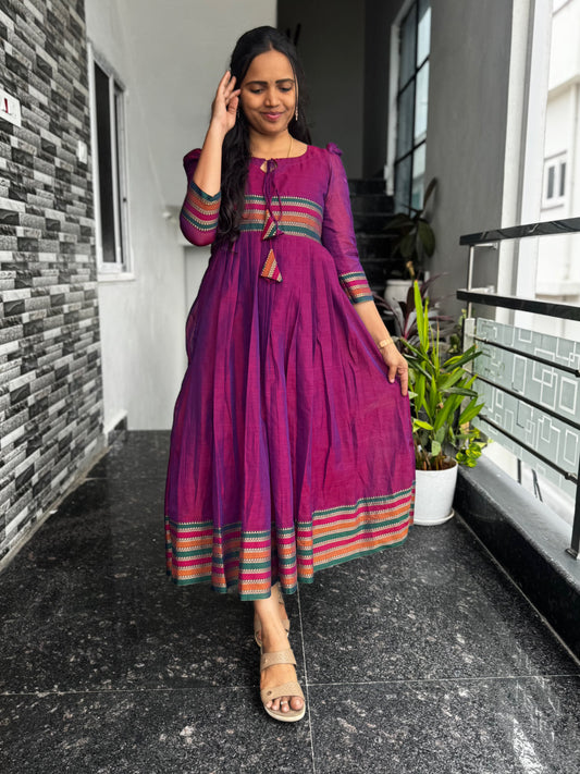 Magenta Narayanpet Frock with Multicolour Border