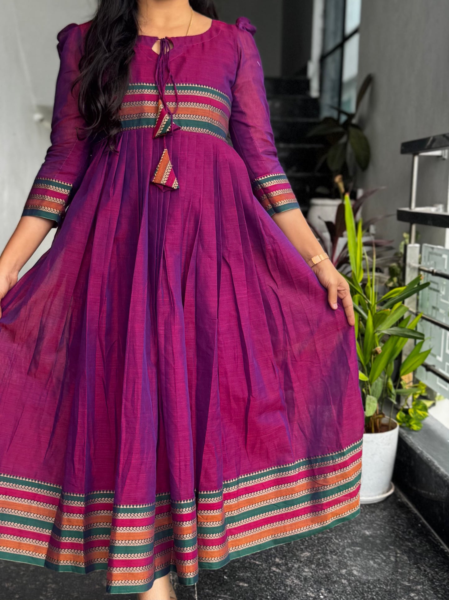 Magenta Narayanpet Frock with Multicolour Border