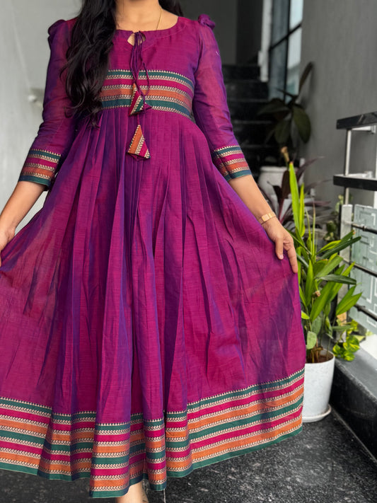 Magenta Narayanpet Frock with Multicolour Border