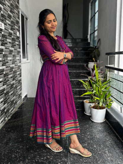 Magenta Narayanpet Frock with Multicolour Border