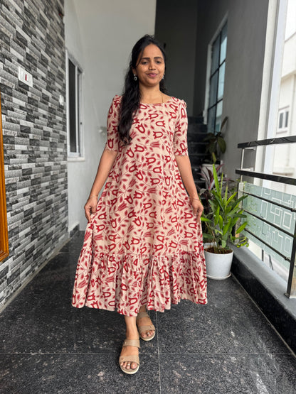 Cream Kalamkari Frock with Red Tulips