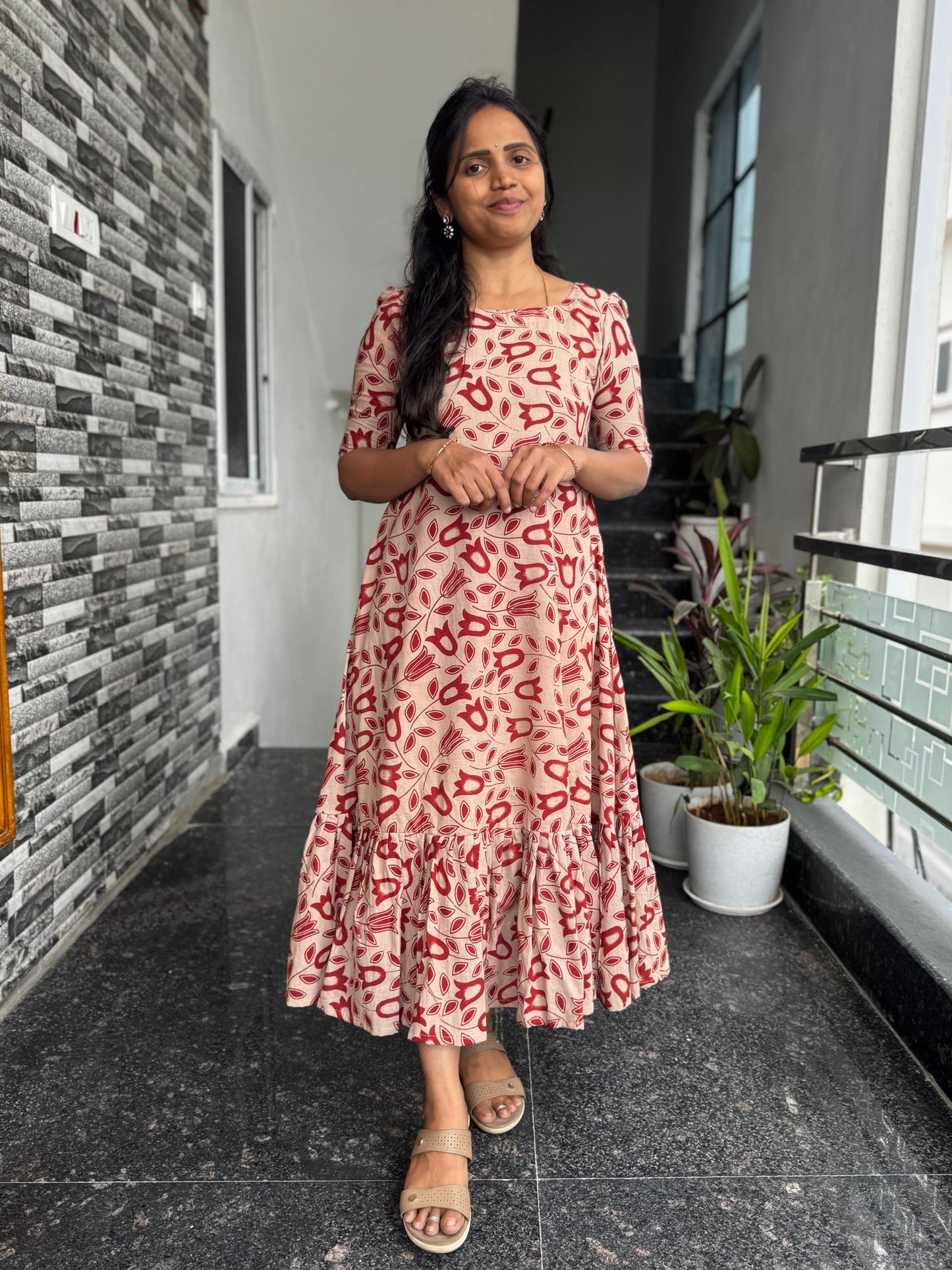 Cream Kalamkari Frock with Red Tulips
