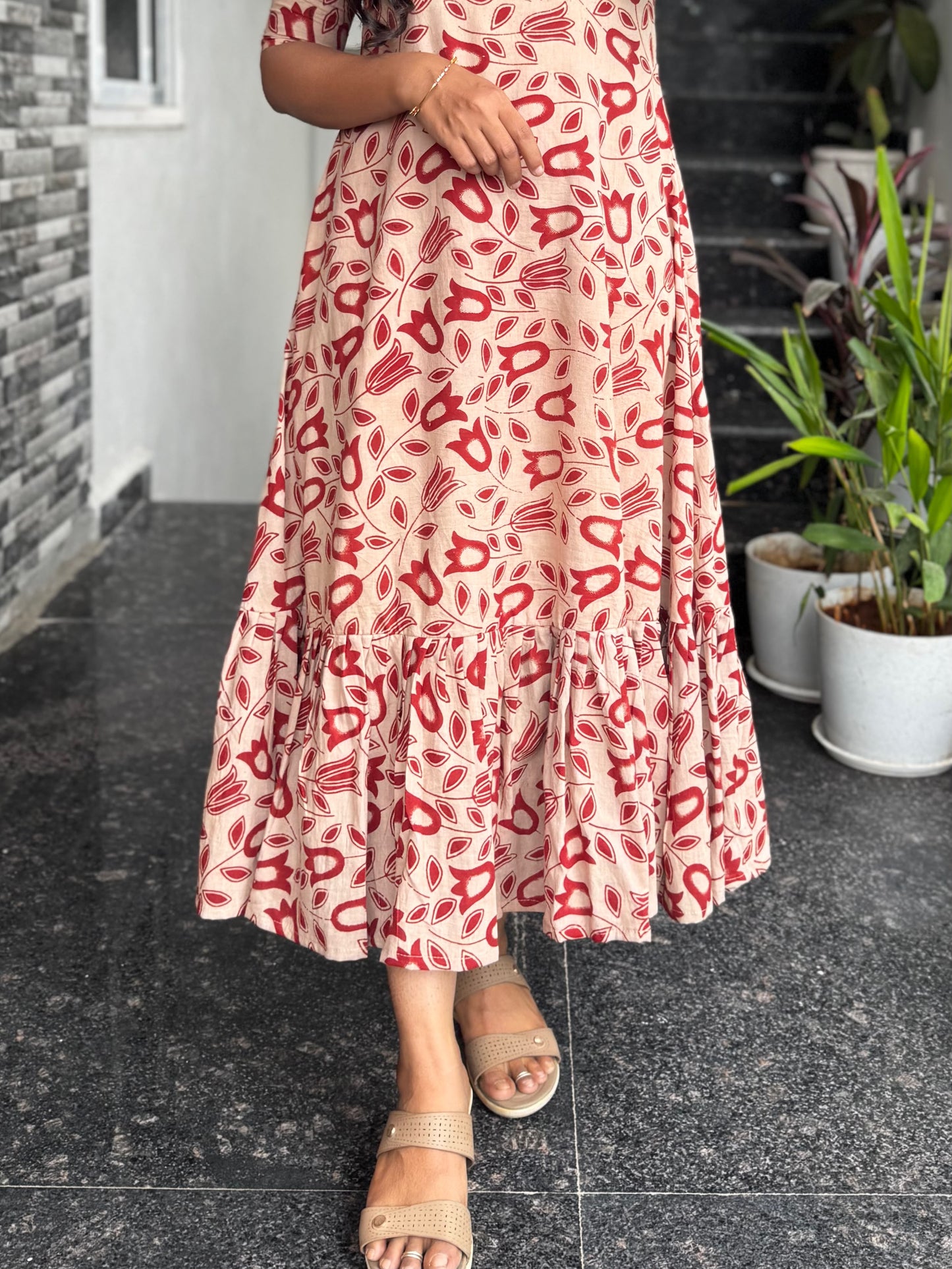 Cream Kalamkari Frock with Red Tulips