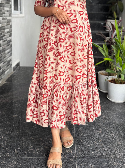 Cream Kalamkari Frock with Red Tulips