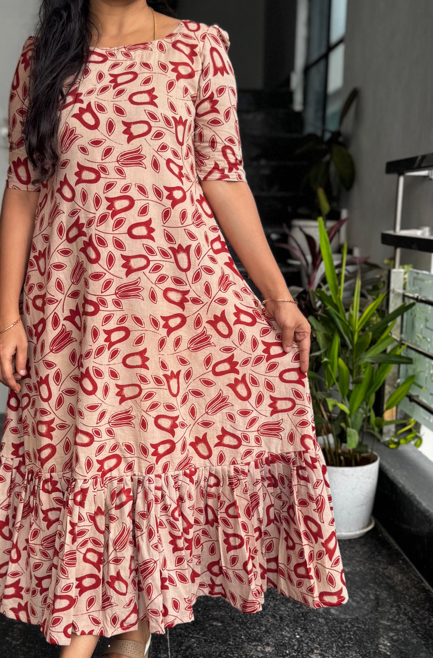 Cream Kalamkari Frock with Red Tulips