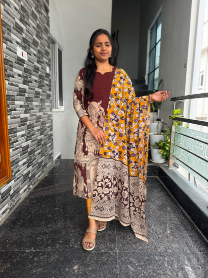 Brown Kalamkari 2-Piece Kurti Set
