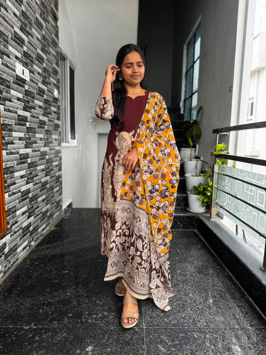 Brown Kalamkari 2-Piece Kurti Set