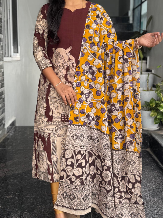 Brown Kalamkari 2-Piece Kurti Set