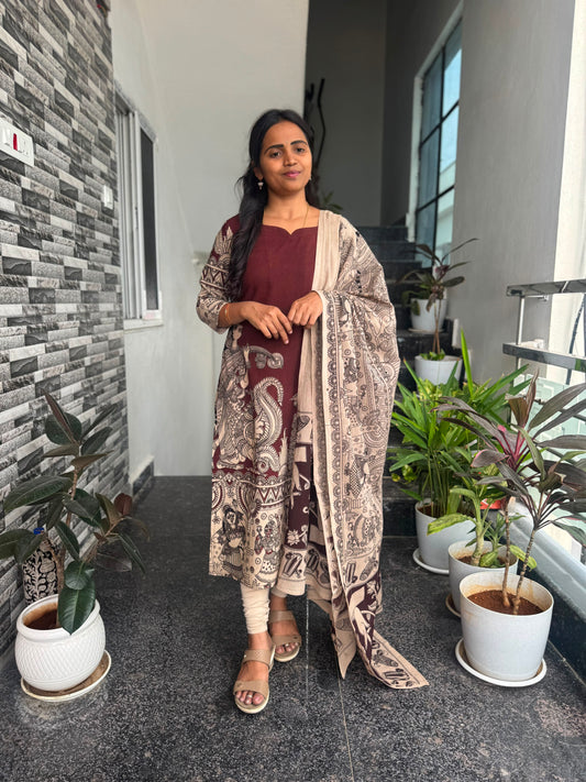 Brown Kalamkari 2-Piece Kurti Set