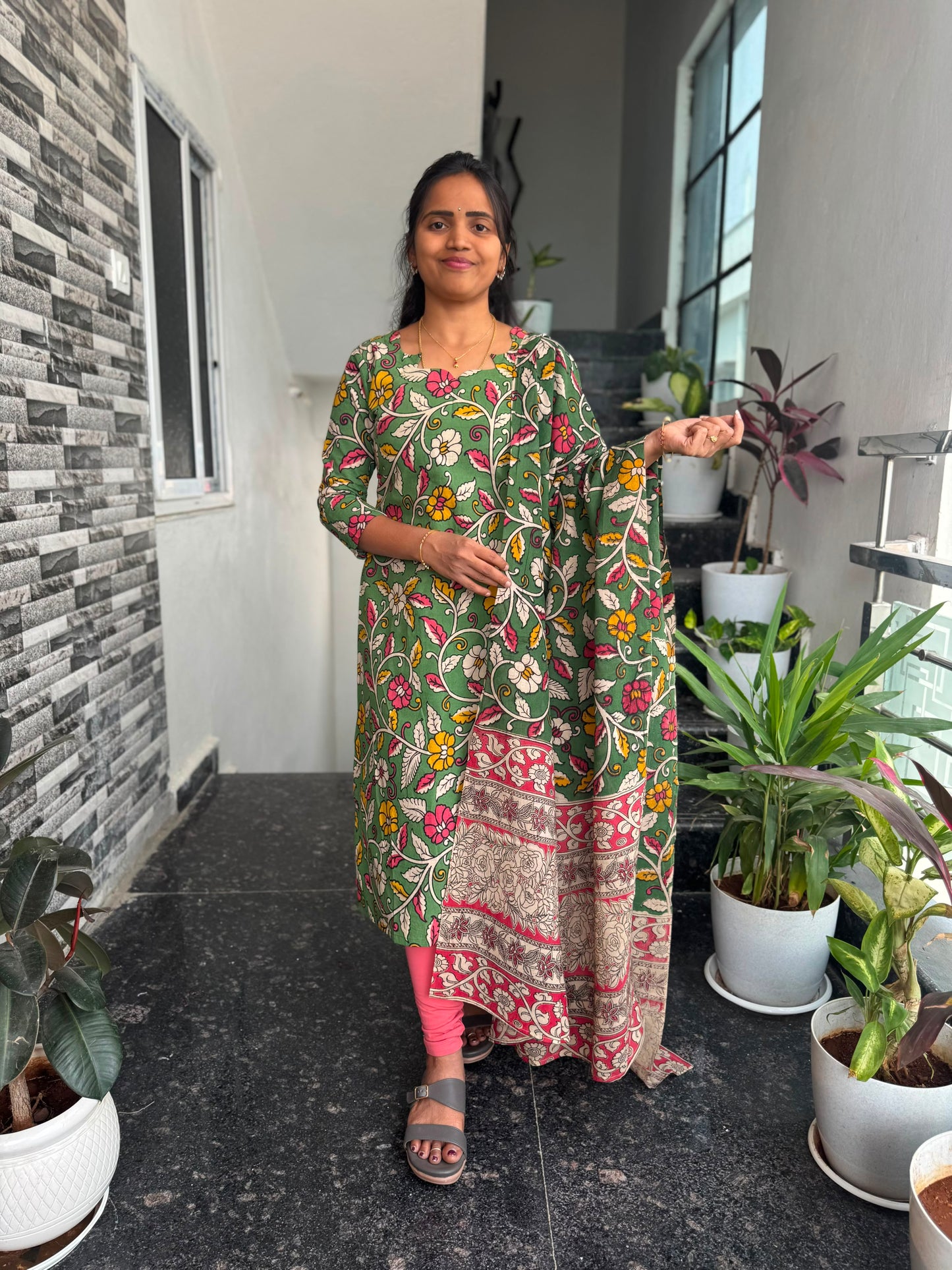 Olive Green Kalamkari 2-Piece Kurti Set