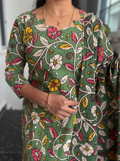 Olive Green Kalamkari 2-Piece Kurti Set