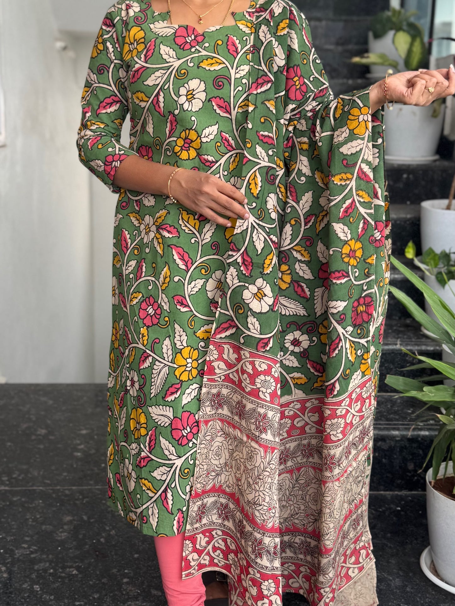 Olive Green Kalamkari 2-Piece Kurti Set