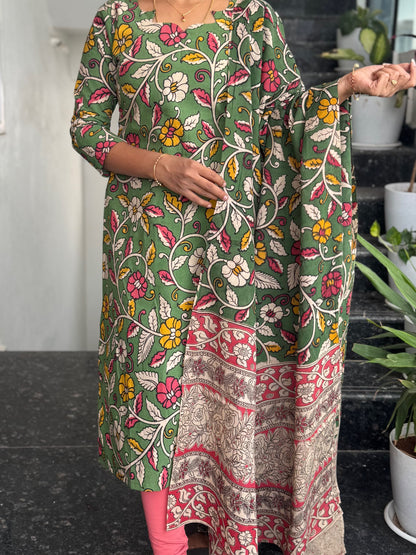 Olive Green Kalamkari 2-Piece Kurti Set