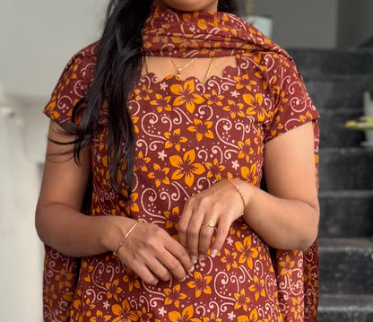 Maroon & Mustard Kalamkari 2-Piece Kurti Set