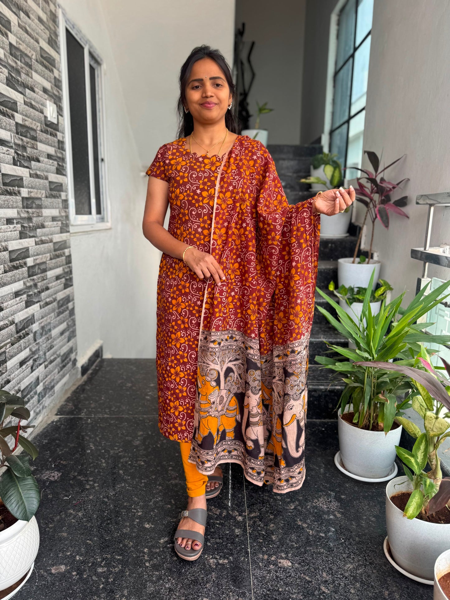 Maroon & Mustard Kalamkari 2-Piece Kurti Set