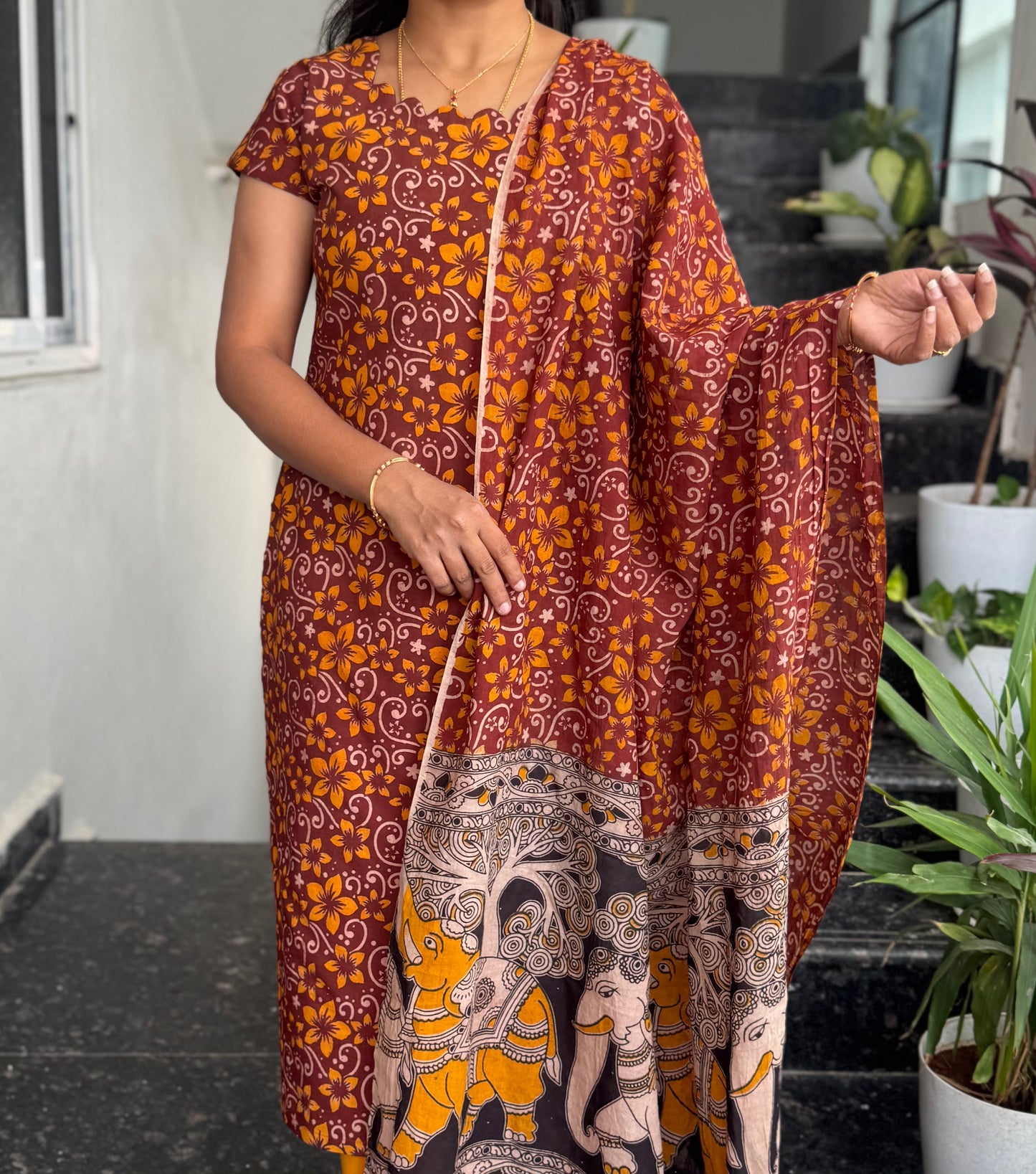Maroon & Mustard Kalamkari 2-Piece Kurti Set