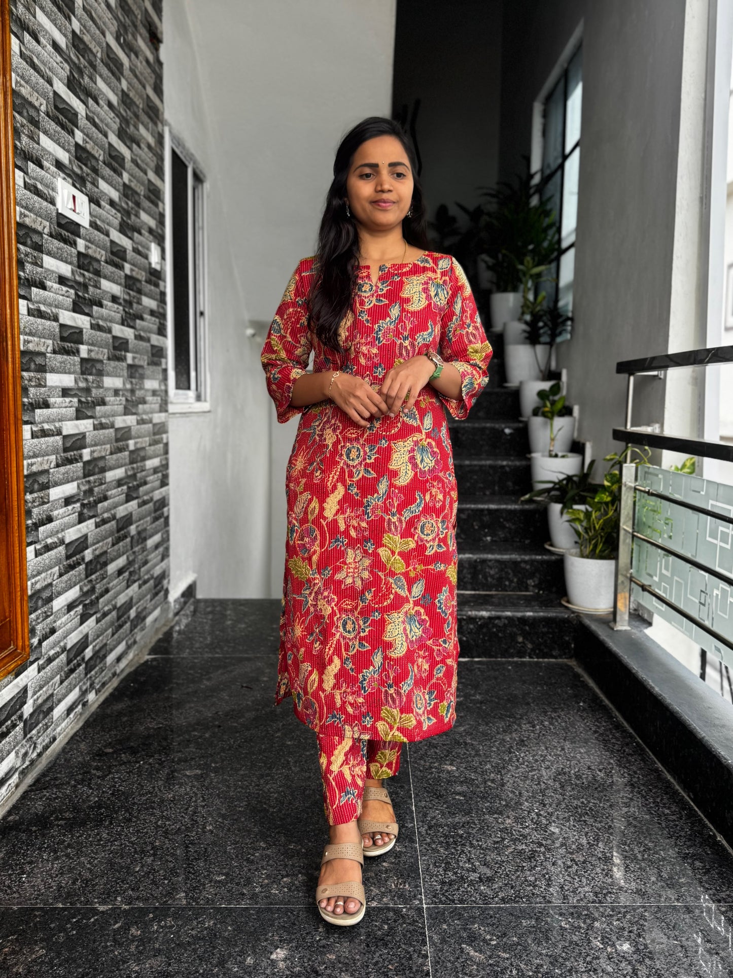 Red Kantha Work Co-ord Set