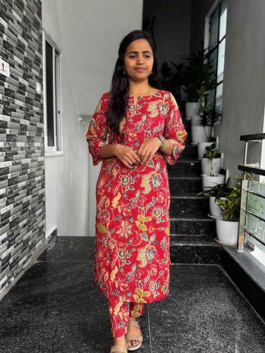 Red Kantha Work Co-ord Set