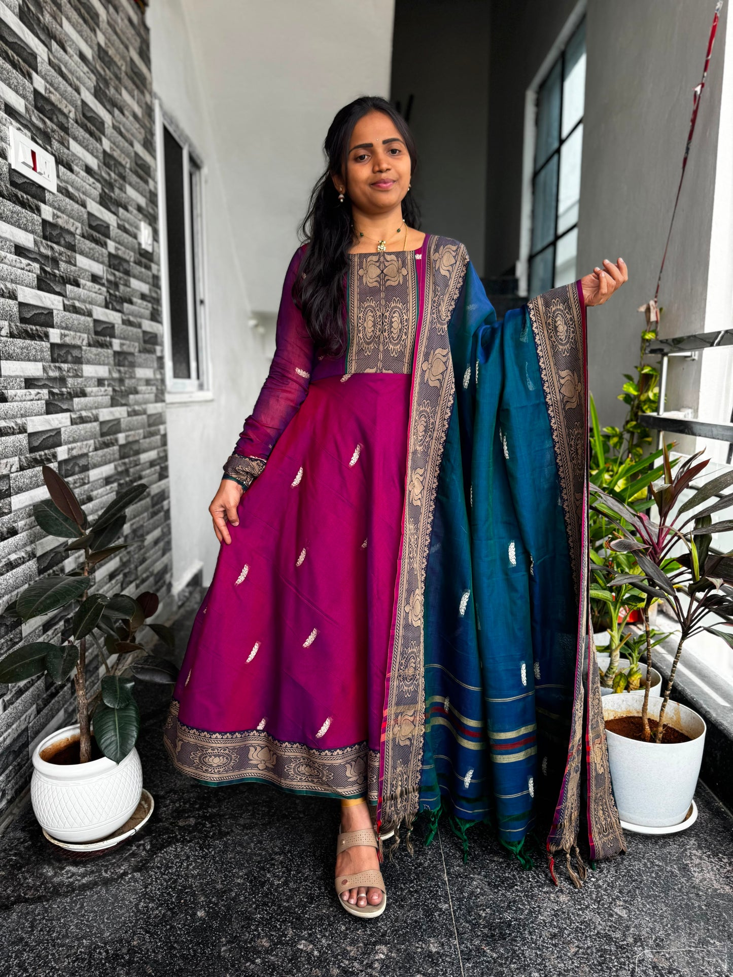 Magenta Narayanpet Anarkali with Lotus Border 2-Piece Set