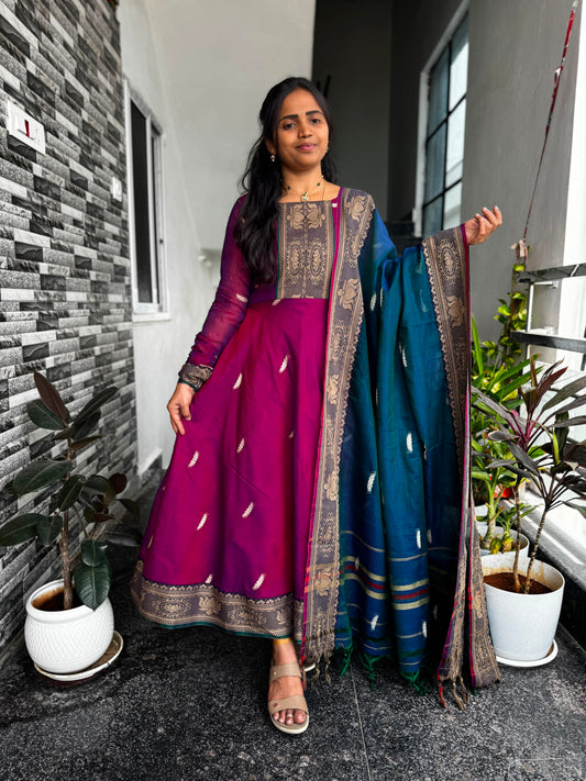 Magenta Narayanpet Anarkali with Lotus Border 2-Piece Set