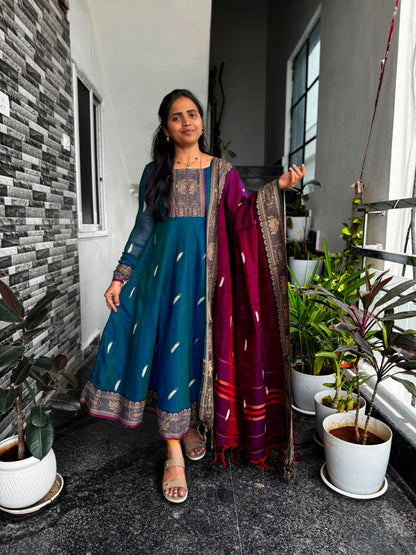 Teal Blue Narayanpet Anarkali with Lotus Border 2-Piece Set