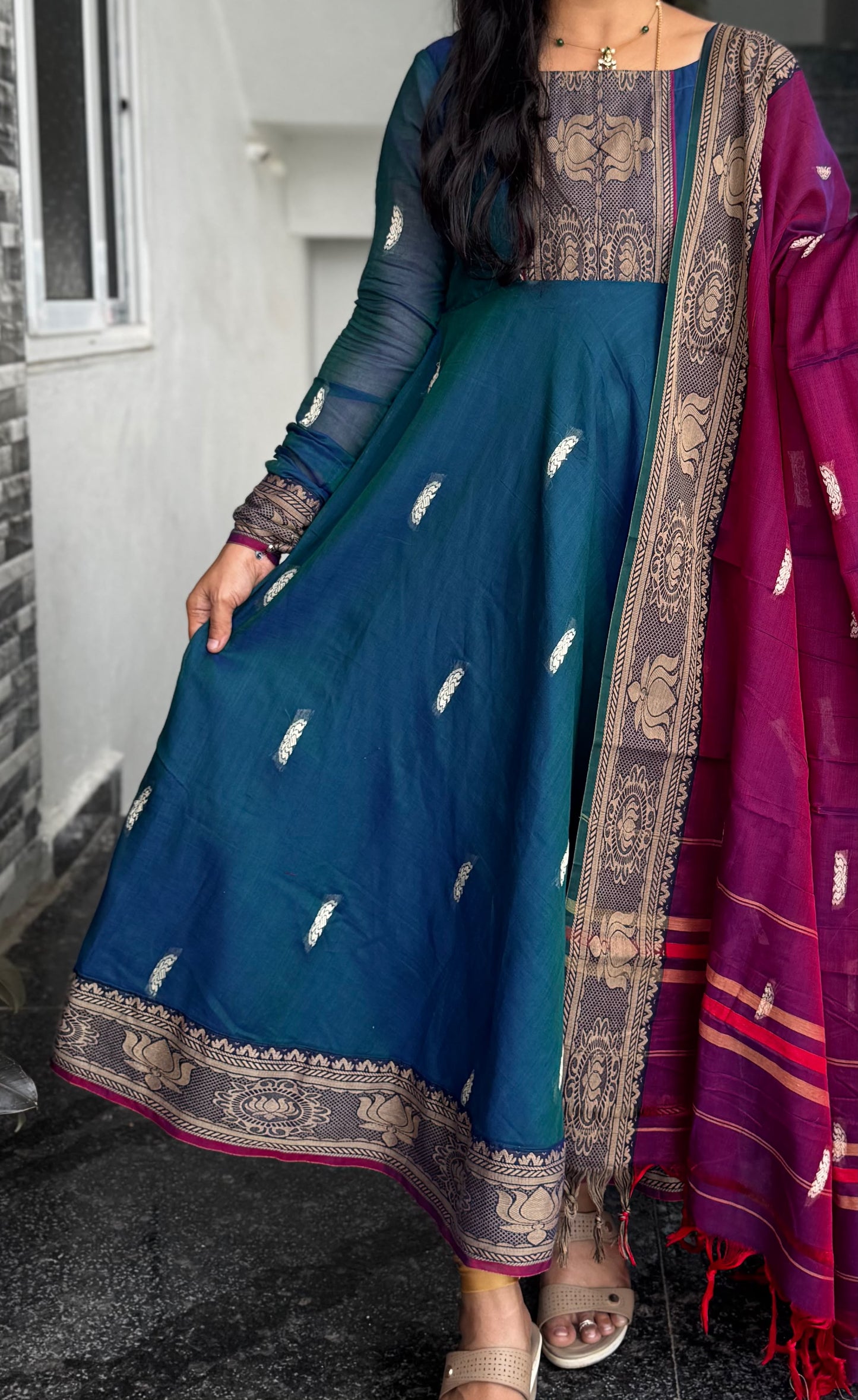 Teal Blue Narayanpet Anarkali with Lotus Border 2-Piece Set