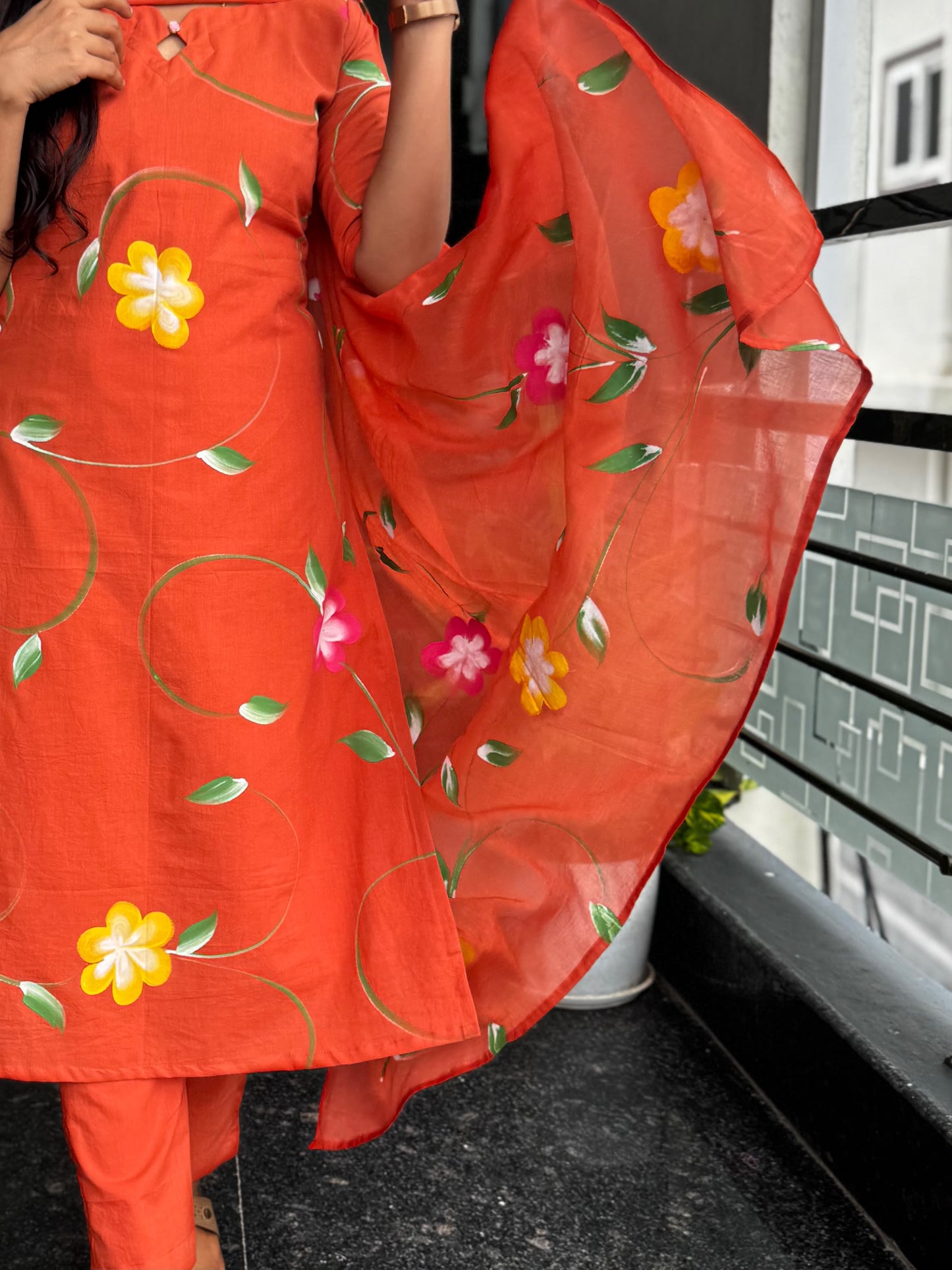 Rust Orange Bagru Hand-Printed Mul Cotton 3-Piece Set